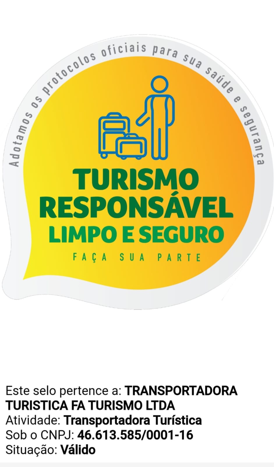 Selo Turismo Responsável — Limpo e Seguro, da Transportadora Turística FA Turismo